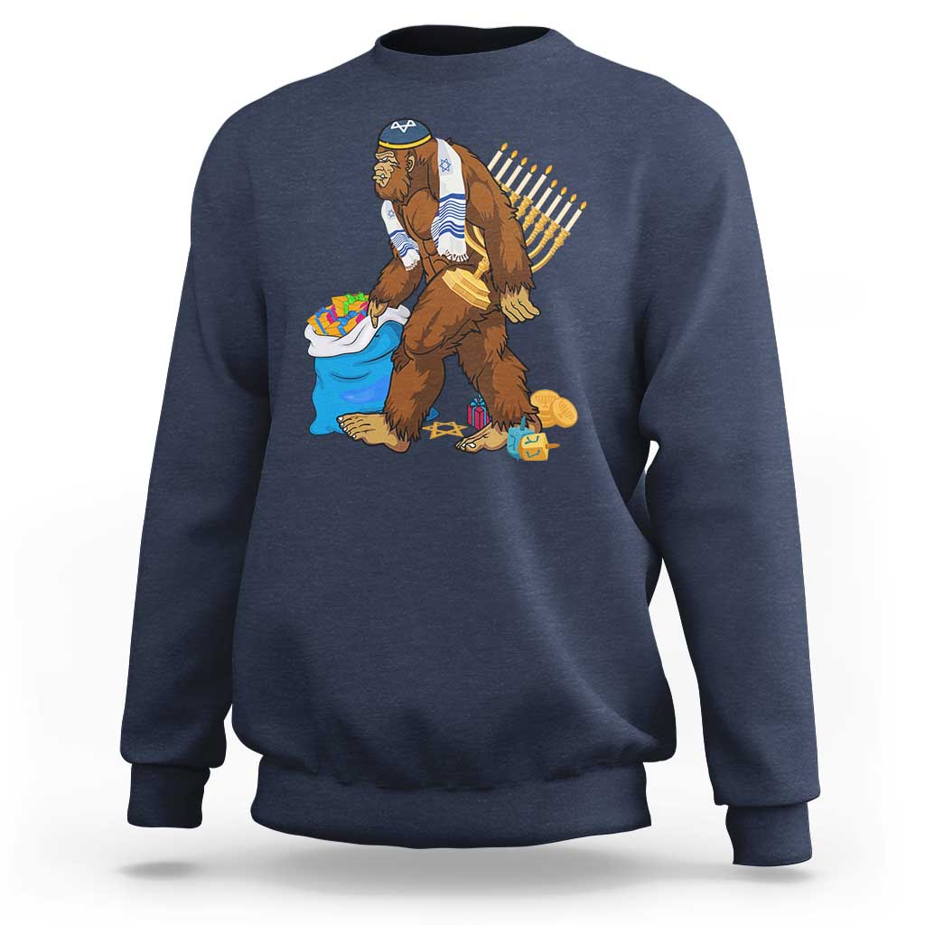 Men's crewneck sweatshirt in navy with Hanukkah Bigfoot menorah graphic