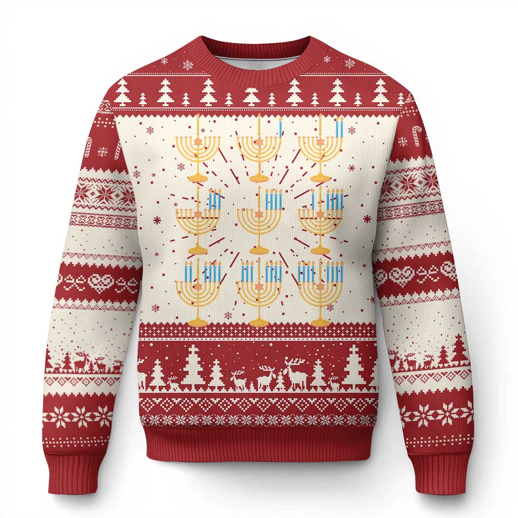 Menorah holiday crewneck sweater in red with white fair isle stripes and menorah motifs