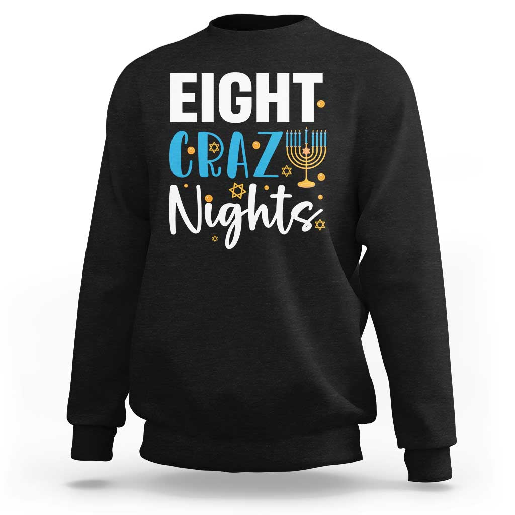 Black men's Hanukkah sweatshirt with 'Eight! Crazy Nights' menorah graphic