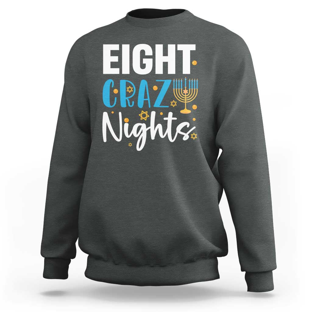 Gray men's Hanukkah sweatshirt with 'Eight! Crazy Nights' menorah graphic