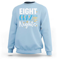 Light blue men's Hanukkah sweatshirt with 'Eight! Crazy Nights' menorah graphic