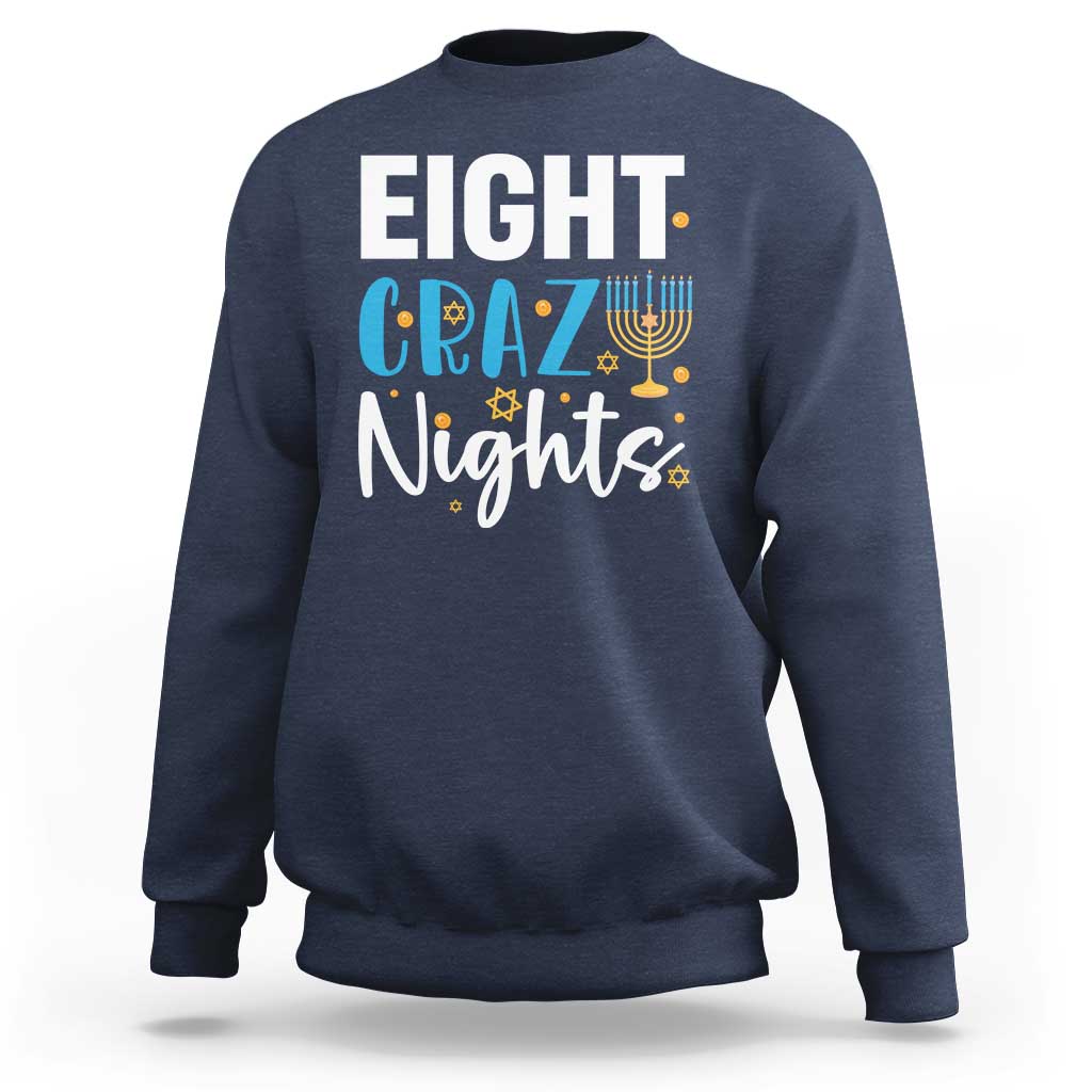 Navy men's Hanukkah sweatshirt with 'Eight! Crazy Nights' menorah graphic