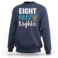 Navy men's Hanukkah sweatshirt with 'Eight! Crazy Nights' menorah graphic