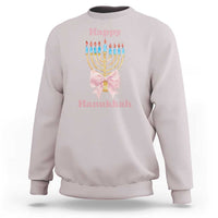 Light gray crewneck sweatshirt with menorah graphic and pink bow at center chest