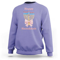 Purple crewneck sweatshirt with menorah graphic and pink bow at center chest