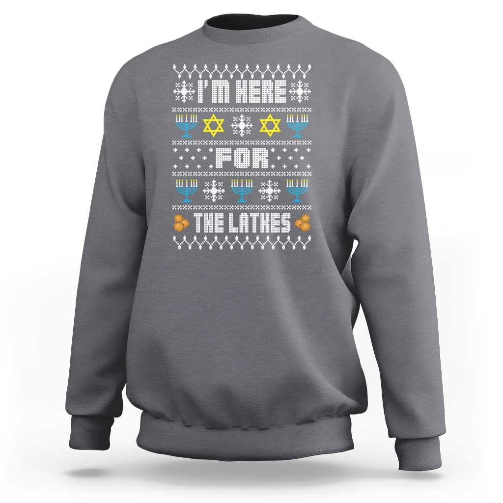 Men's charcoal Hanukkah sweatshirt with front 'latkes' menorah graphic