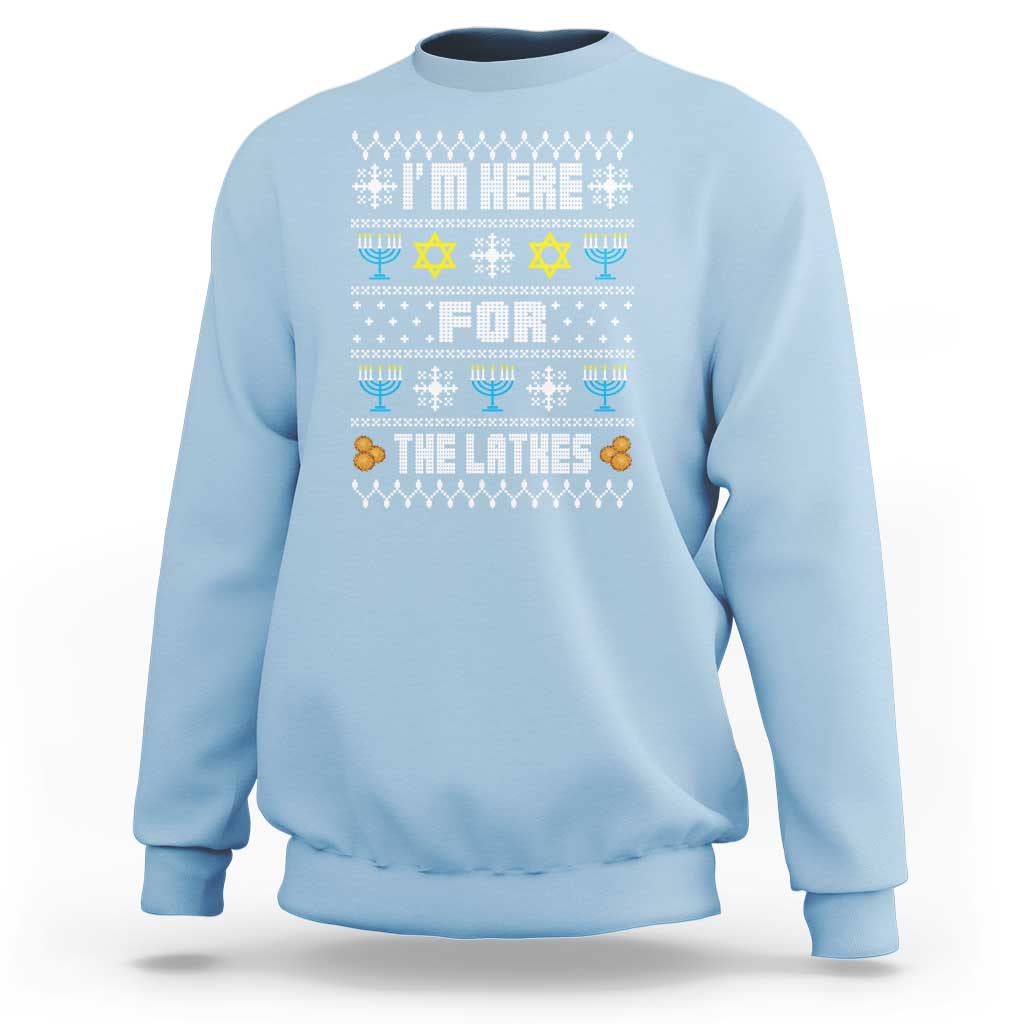Men's light blue Hanukkah sweatshirt with front 'latkes' menorah graphic
