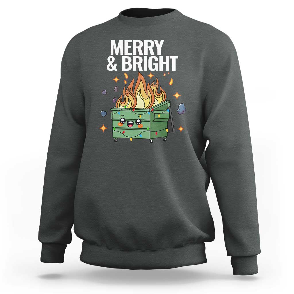 Dark heather crewneck Christmas sweatshirt with “MERRY & BRIGHT” and flaming holiday dumpster graphic