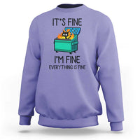 Sweatshirt with cat-and-dumpster graphic and “It's Fine, I'm Fine, Everything Is Fine” text, purple
