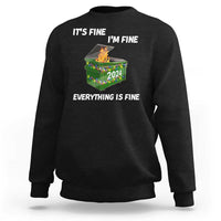 Black holiday sweatshirt with 'It's Fine' text and 2024 dumpster fire graphic