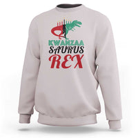 Kwanzaa Saurus Rex sweatshirt, ice gray, chest graphic with T-rex and Kwanzaa text.