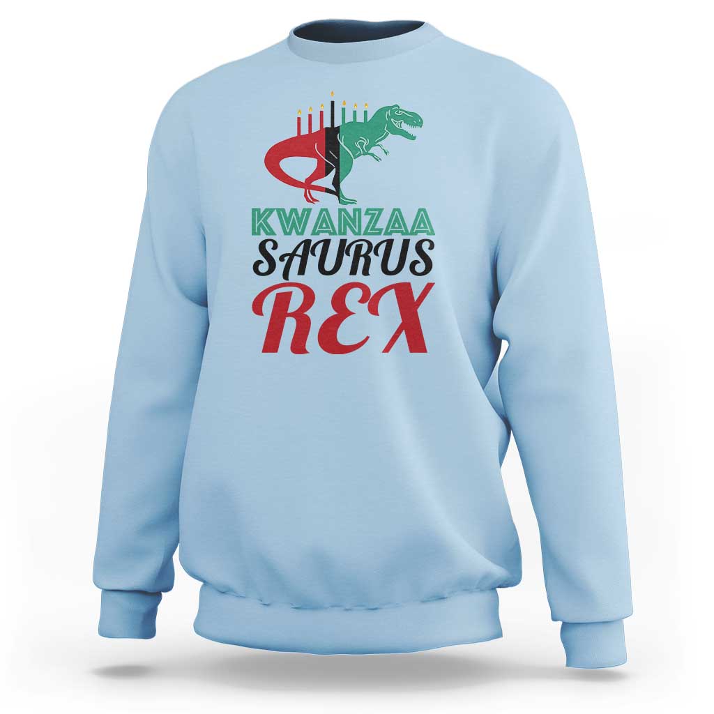 Kwanzaa Saurus Rex sweatshirt, light blue, chest graphic with T-rex and Kwanzaa text.