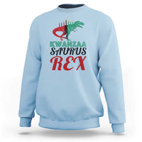 Kwanzaa Saurus Rex sweatshirt, light blue, chest graphic with T-rex and Kwanzaa text.