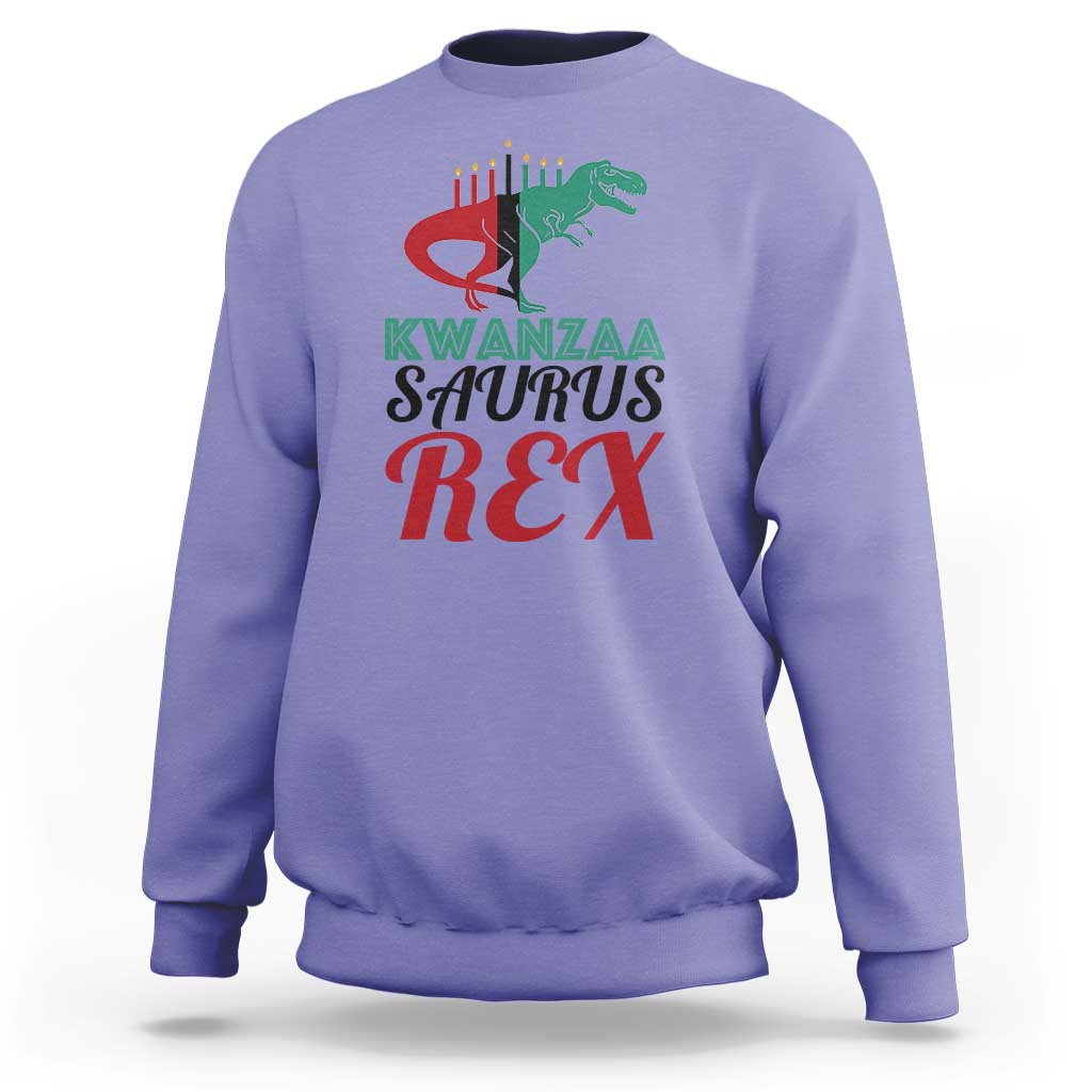 Kwanzaa Saurus Rex sweatshirt, violet, chest graphic with T-rex and Kwanzaa text.
