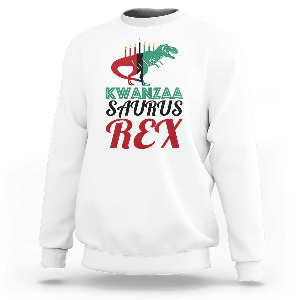 Kwanzaa Saurus Rex sweatshirt, white, chest graphic with T-rex and Kwanzaa text.