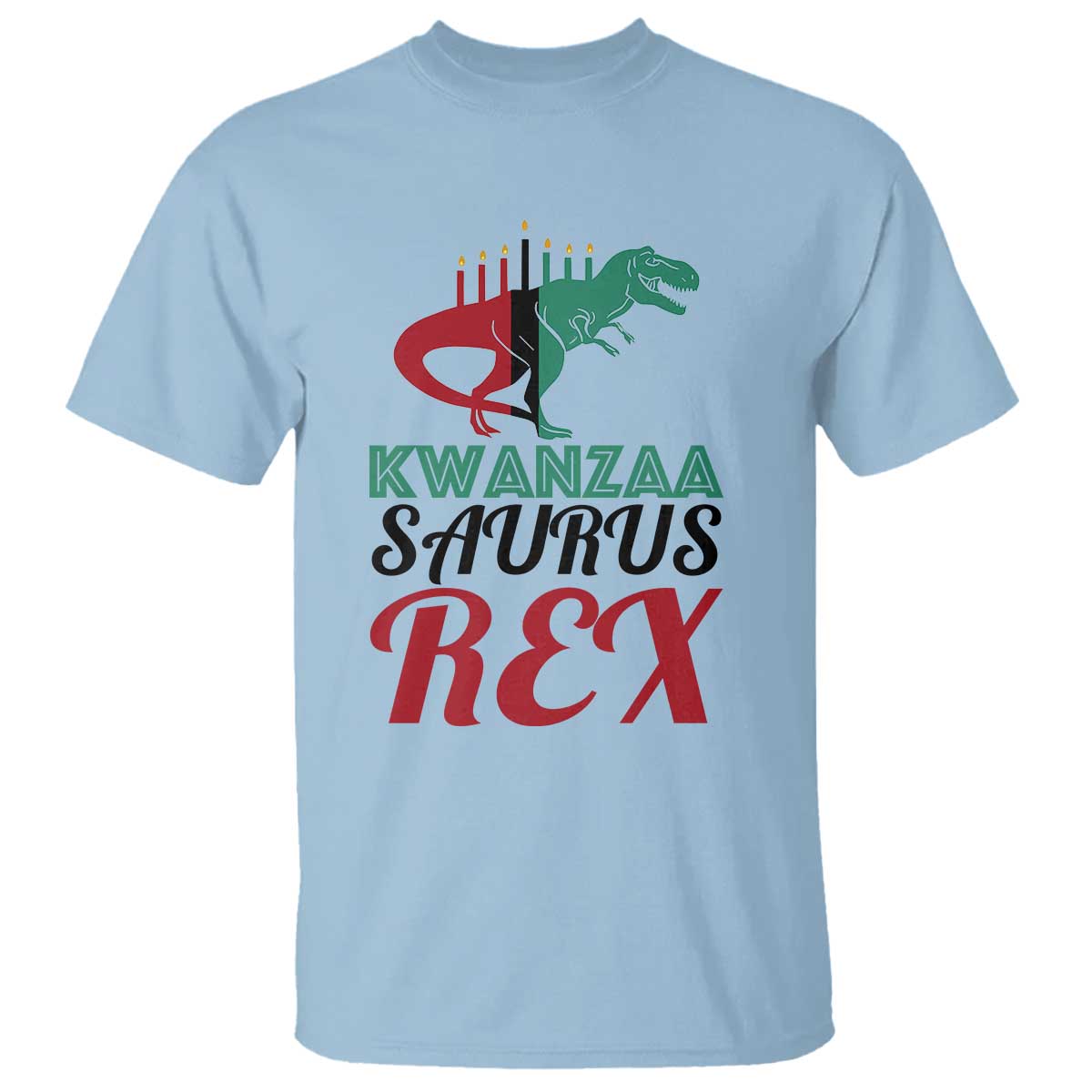 Light blue T-shirt with green T-rex and Kwanzaa “Saurus Rex” graphic