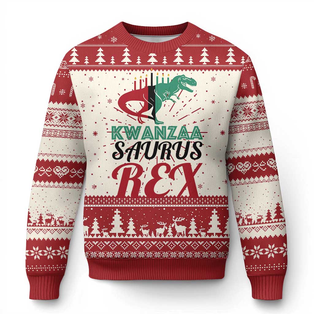 Red crewneck sweater with dinosaur graphic and festive knit holiday pattern