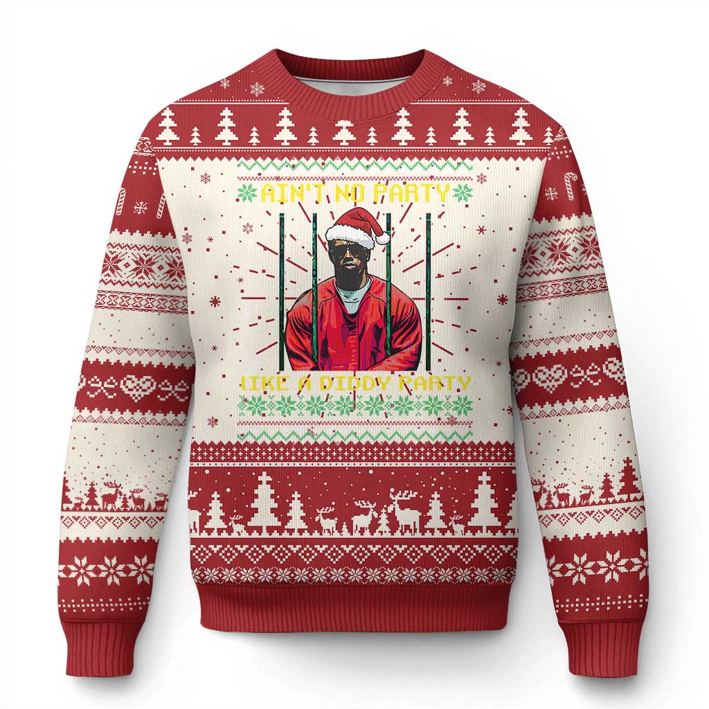 Red ugly Christmas sweater with tree fair isle pattern and central party graphic