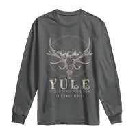 Dark heather long-sleeve shirt with skull-and-antlers emblem and YULE front graphic