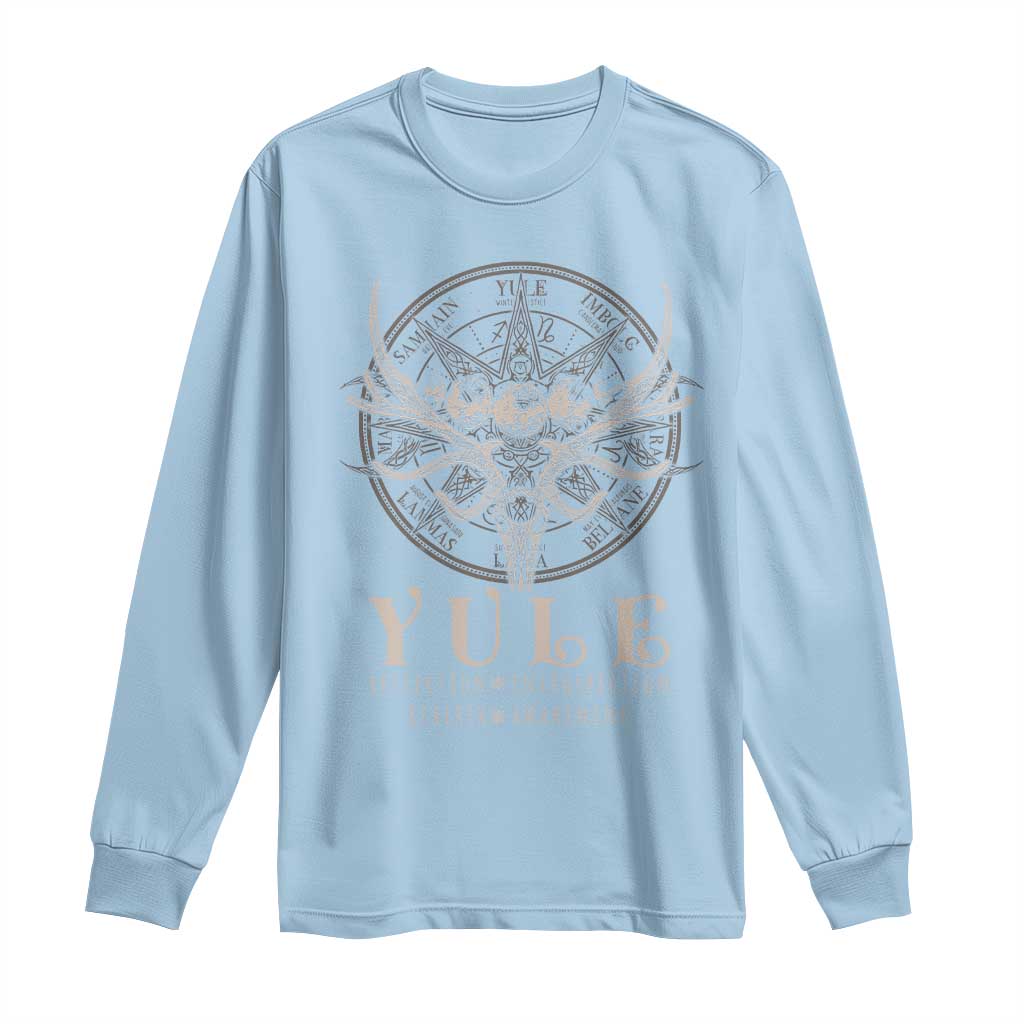 Light blue long-sleeve shirt with skull-and-antlers emblem and YULE front graphic
