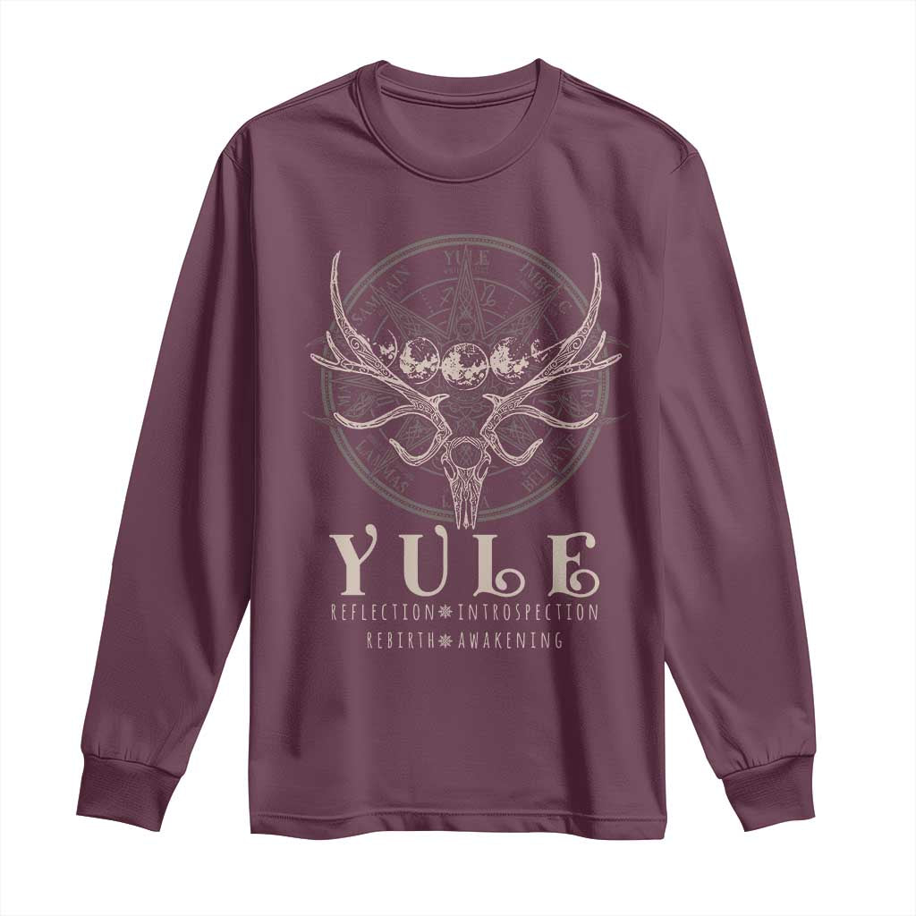 Maroon long-sleeve shirt with skull-and-antlers emblem and YULE front graphic