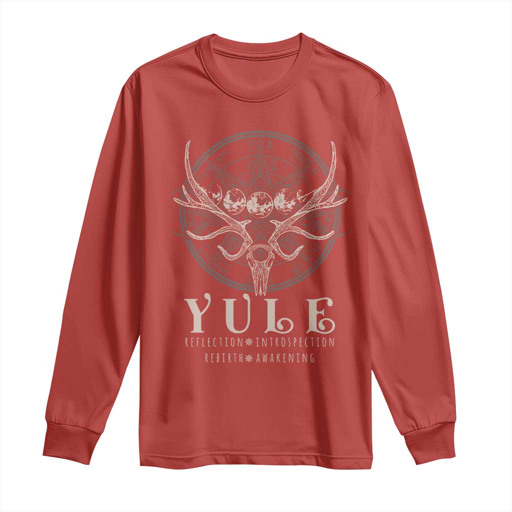Red long-sleeve shirt with skull-and-antlers emblem and YULE front graphic