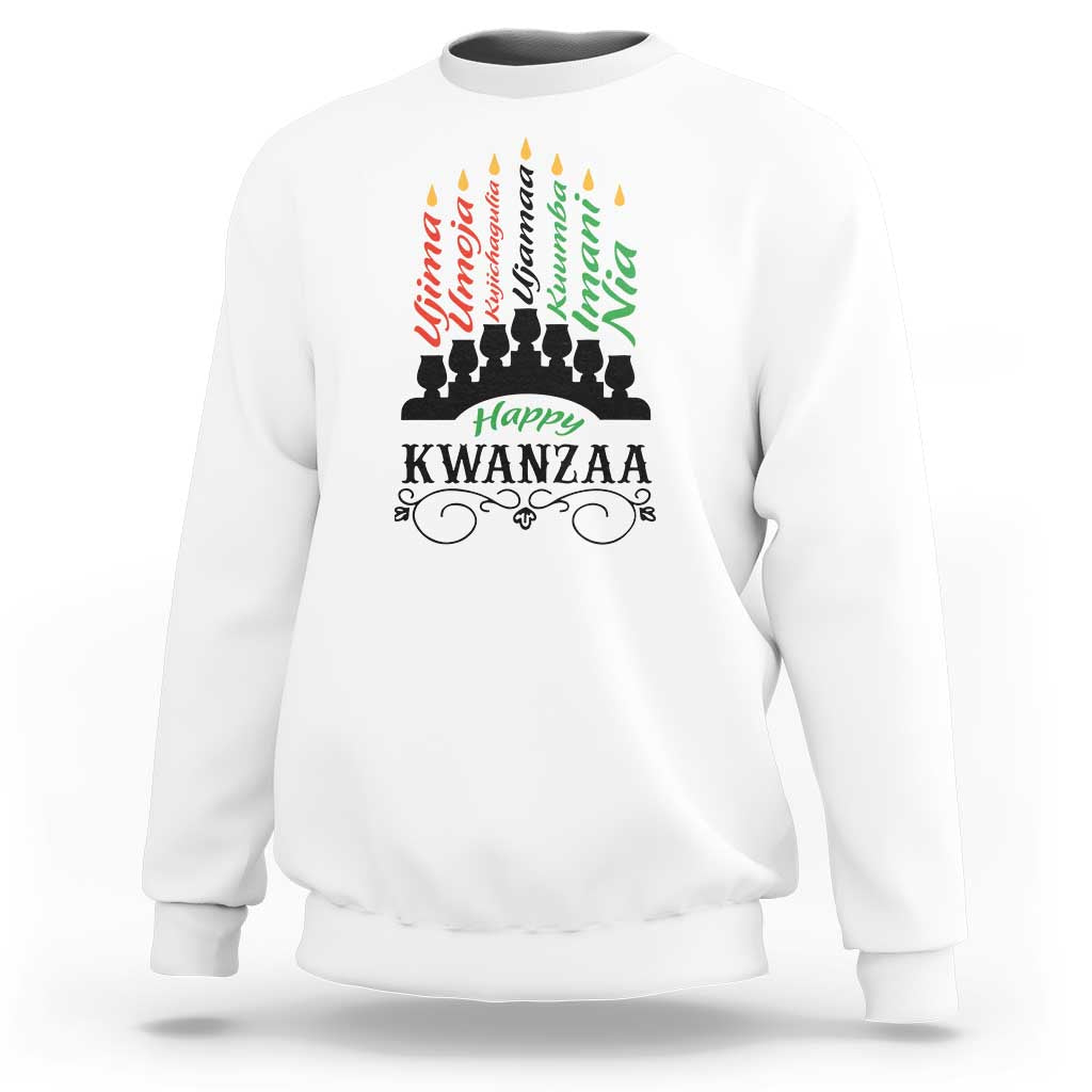White Kwanzaa sweatshirt with colorful kinara and seven principles graphic on chest