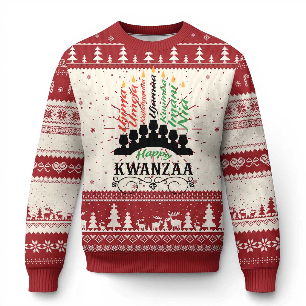Red and cream holiday sweater with Happy Kwanzaa graphic, trees, and geometric trim