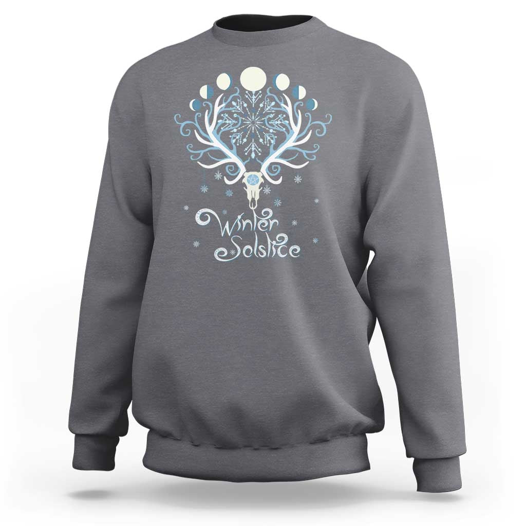 Charcoal gray crewneck sweatshirt with winter deer antler graphic on the back