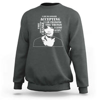 Charcoal crewneck sweatshirt with front quote graphic and portrait print