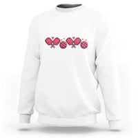 White Valentine’s Day pickleball sweatshirt with pink heart paddle graphic