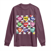 Maroon long-sleeve crewneck T-shirt with colorful heart-note graphic