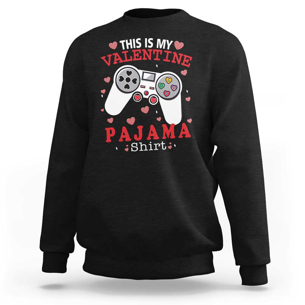 Black crewneck gaming pajama sweatshirt with colorful Valentine controller graphic