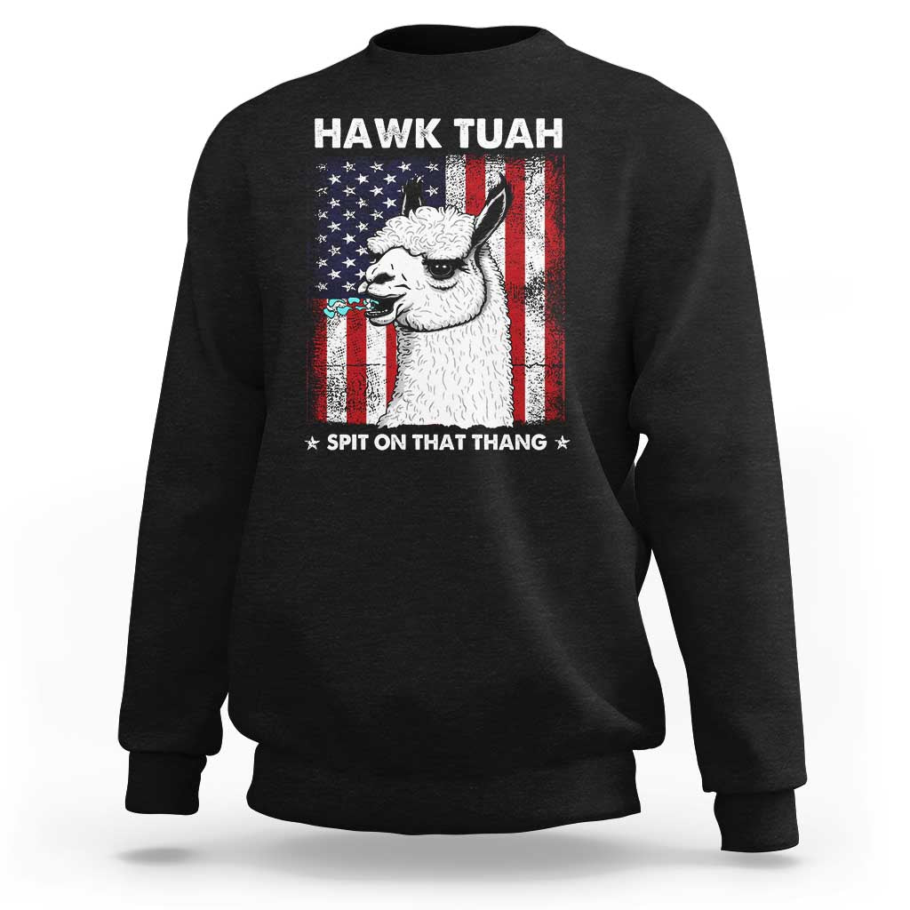 Black crewneck sweatshirt, 'Hawk Tuah' llama + American flag print, 'Spit on that Thang'