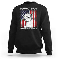 Black crewneck sweatshirt, 'Hawk Tuah' llama + American flag print, 'Spit on that Thang'