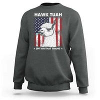 Dark heather crewneck sweatshirt, 'Hawk Tuah' llama + American flag print, 'Spit on that Thang'