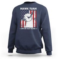 Navy crewneck sweatshirt, 'Hawk Tuah' llama + American flag print, 'Spit on that Thang'