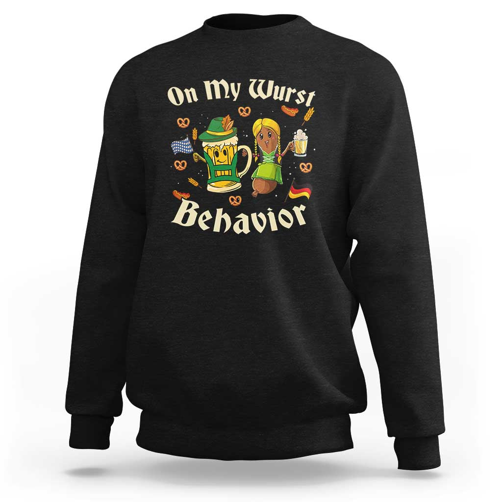 Black Oktoberfest sweatshirt with “On My Wurst Behavior” graphic at chest