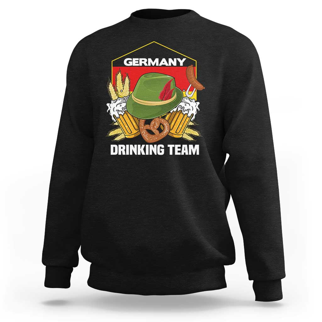 Black crewneck sweatshirt with front graphic: Germany and "DRINKING TEAM" text