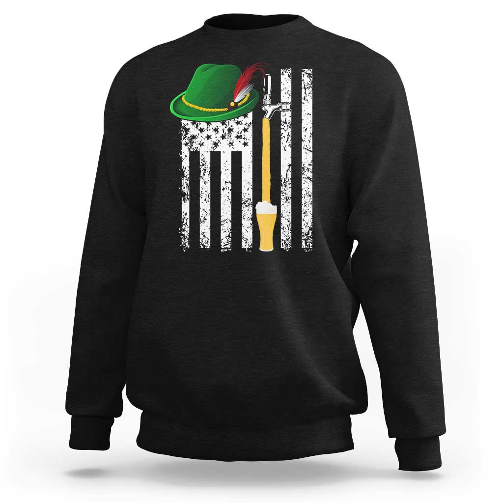Black crewneck sweatshirt with vertical USA stripes graphic, green hat, and beer mug print