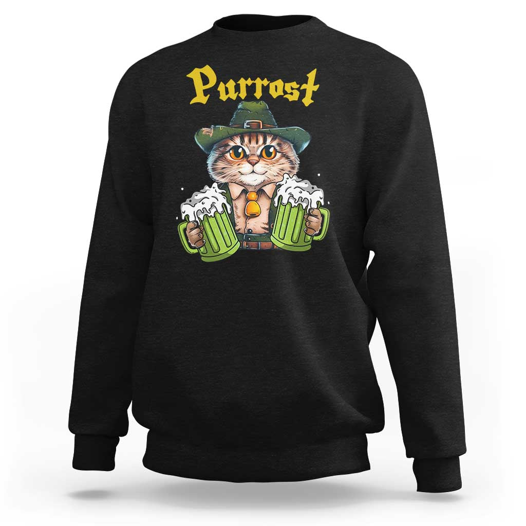 Black crewneck sweatshirt with cat Oktoberfest graphic holding green beer mugs