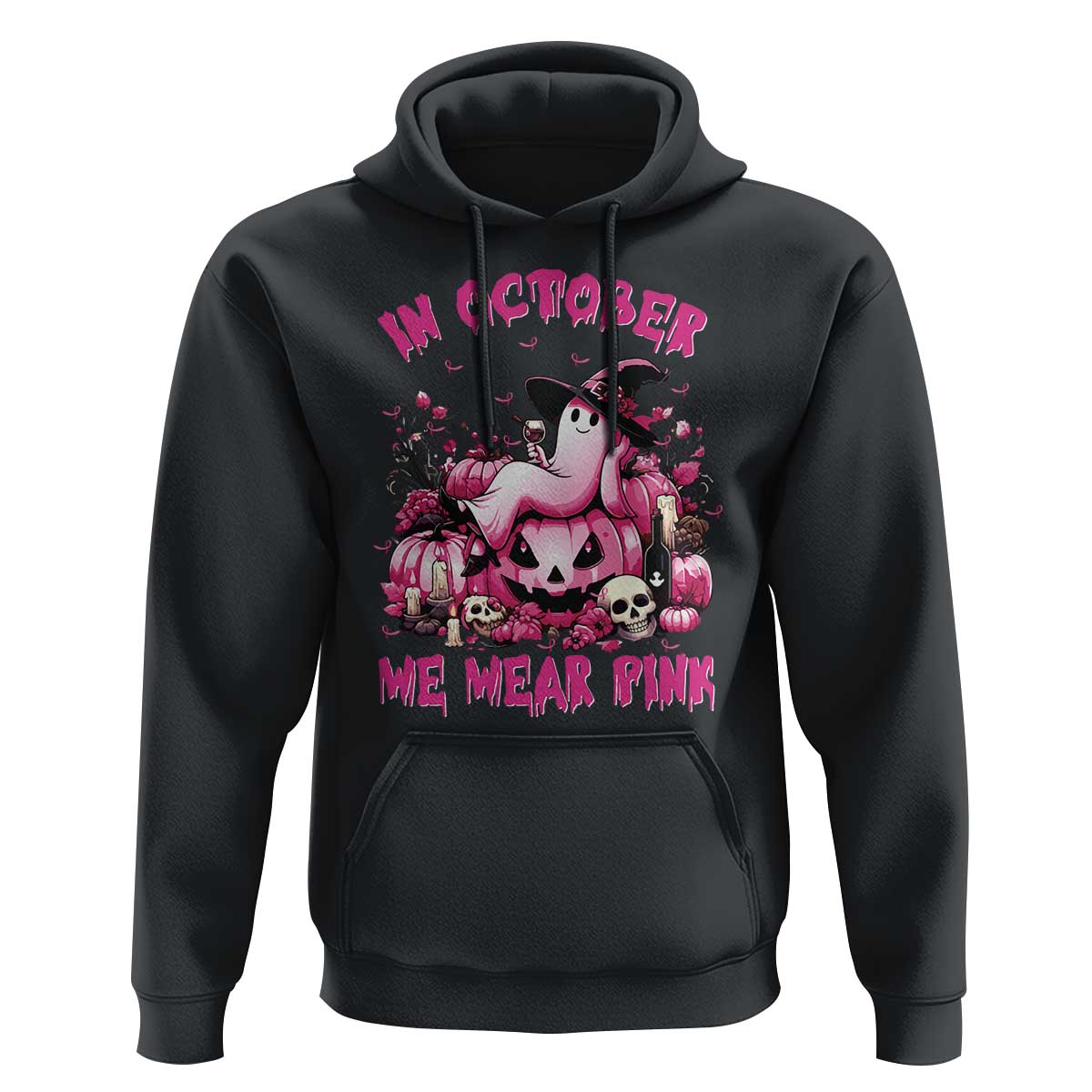 Breast Cancer Awareness Hoodie In October We Wear Pink Halloween Ghost Pumpkin Wine Skull - Wonder Print Shop