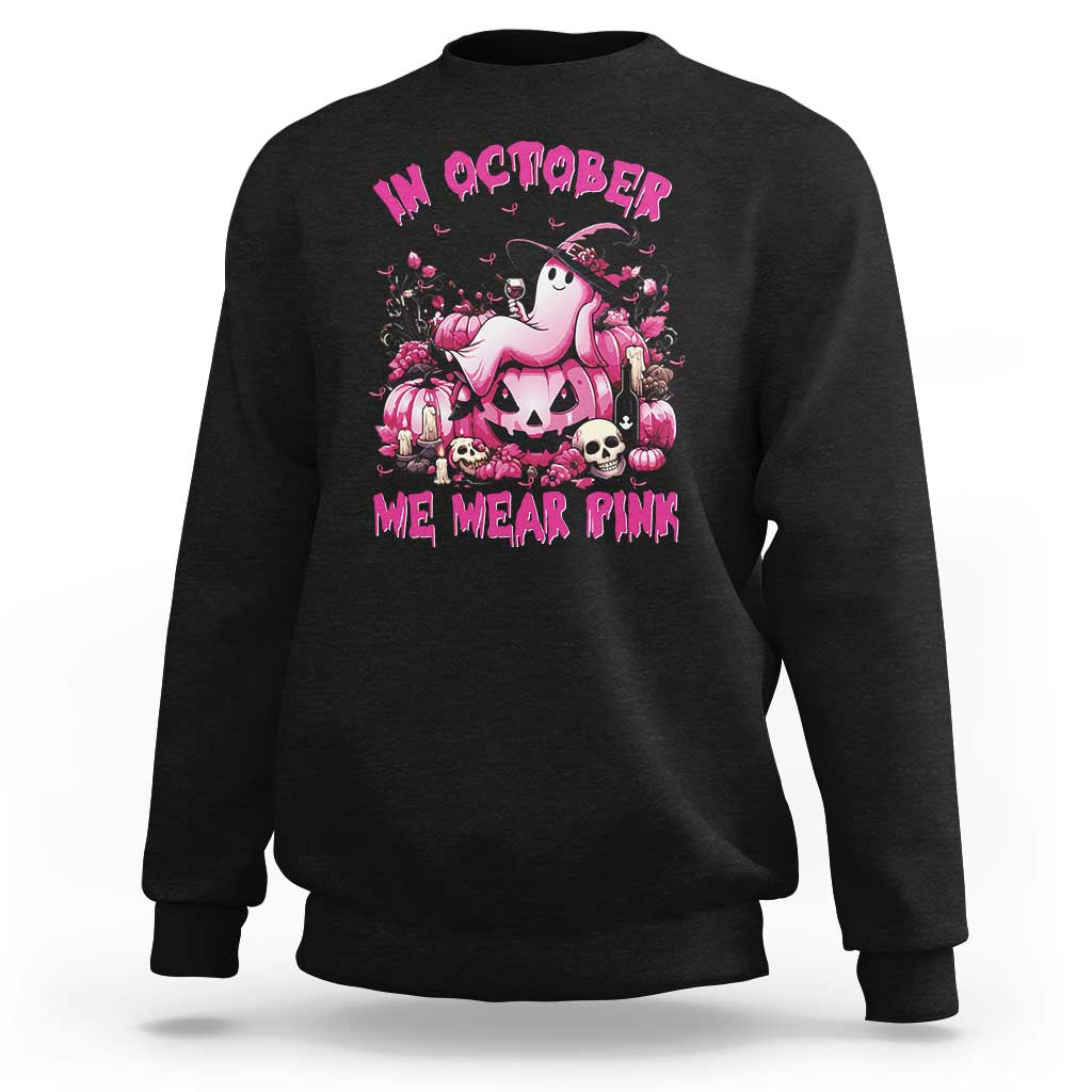 Breast Cancer Awareness Sweatshirt In October We Wear Pink Halloween Ghost Pumpkin Wine Skull - Wonder Print Shop