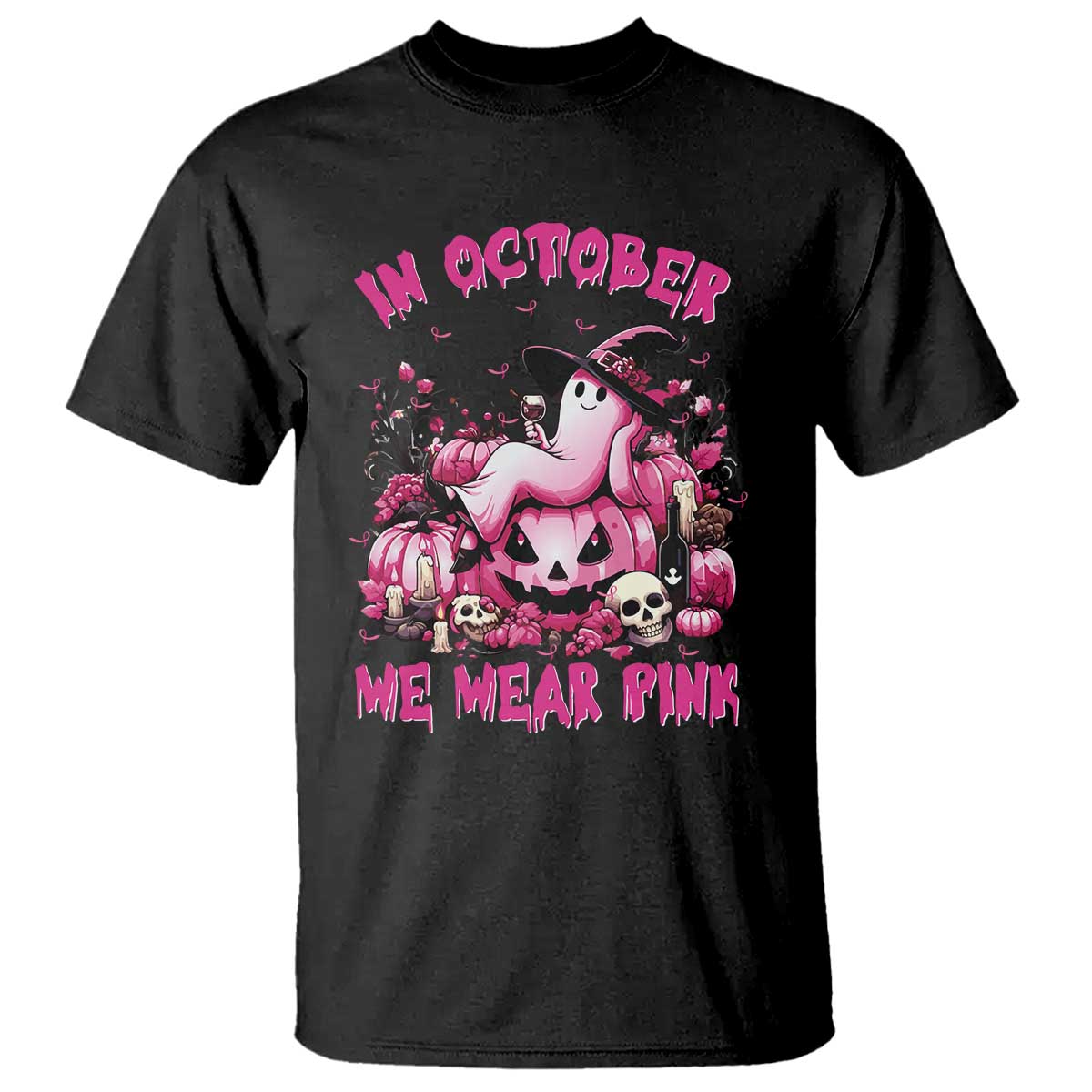 Breast Cancer Awareness T Shirt In October We Wear Pink Halloween Ghost Pumpkin Wine Skull - Wonder Print Shop