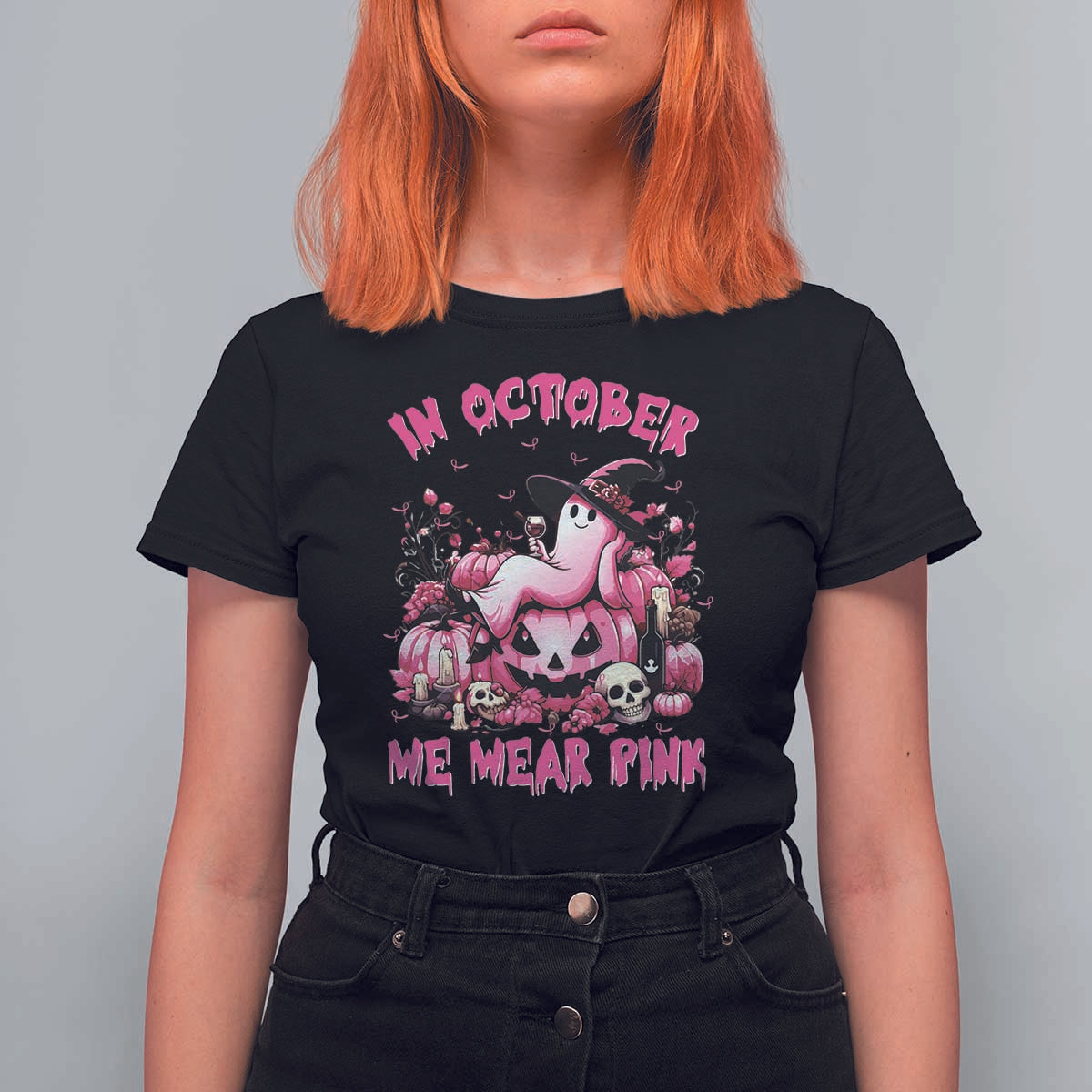 Breast Cancer Awareness T Shirt For Women In October We Wear Pink Halloween Ghost Pumpkin Wine Skull - Wonder Print Shop