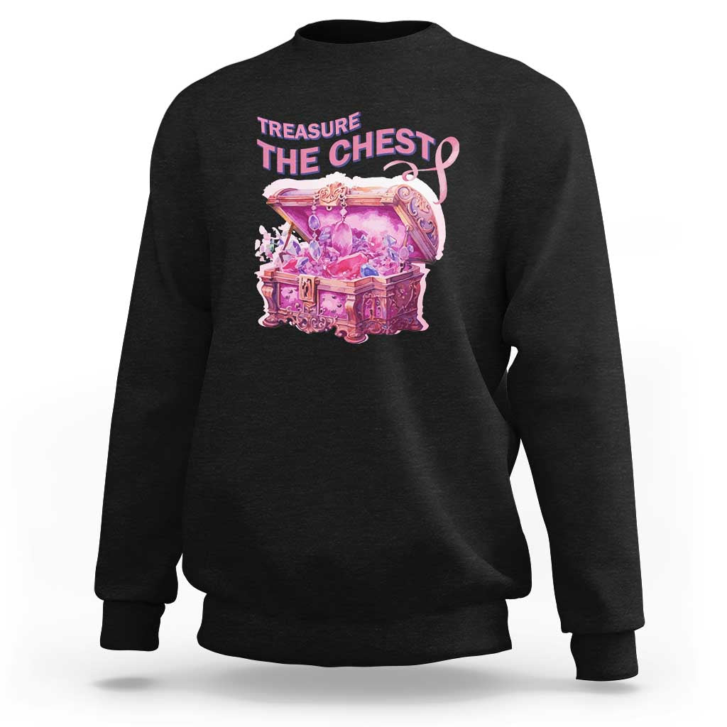 Black breast cancer awareness sweatshirt with pink chest graphic and ribbon, crewneck