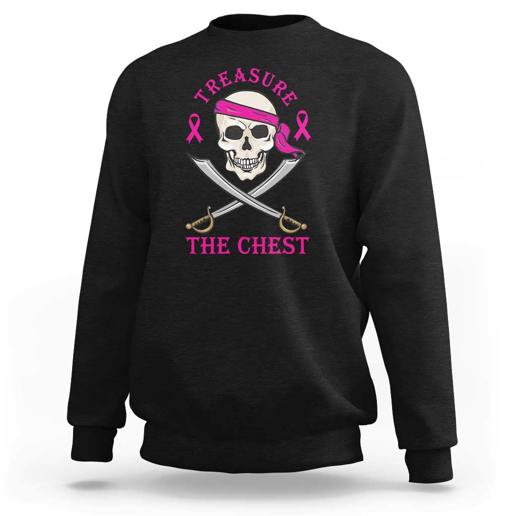 Black breast cancer awareness sweatshirt with skull pirate and sword graphic, pink ribbon