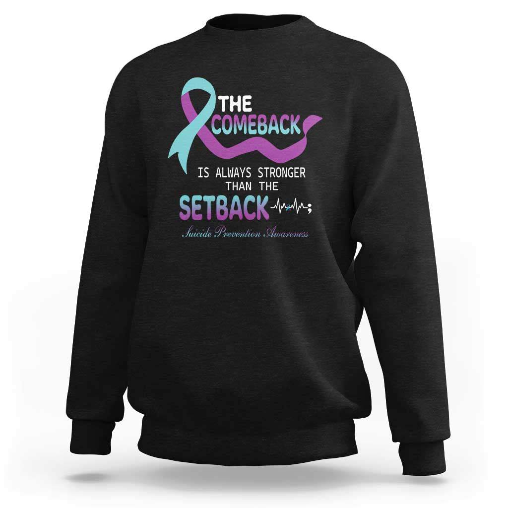 Black crewneck sweatshirt with colorful awareness ribbon and comeback message graphic