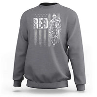 Men's heather gray crewneck sweatshirt with white American flag stripe graphic and soldier