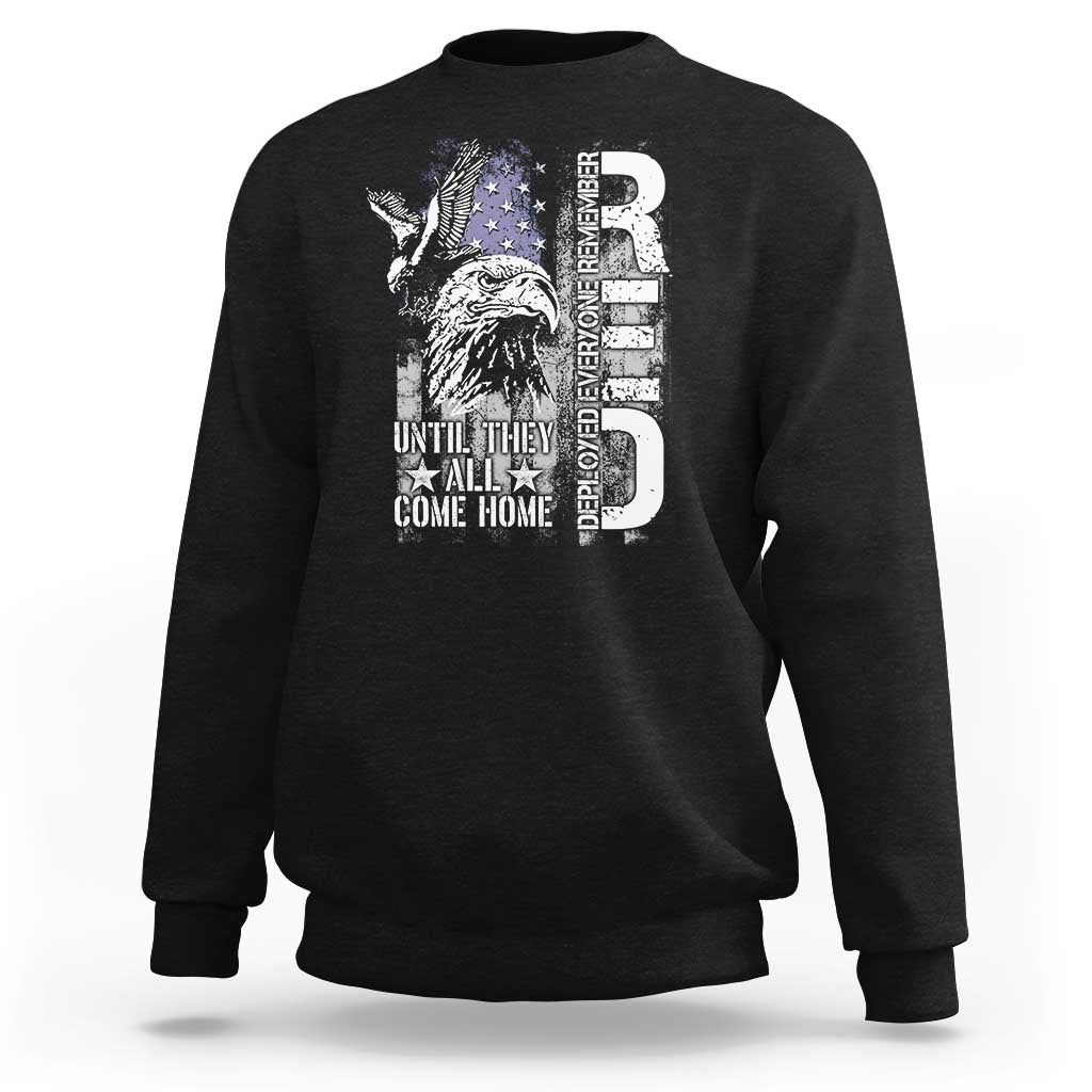 Black crewneck sweatshirt with white eagle-and-stars graphic on front